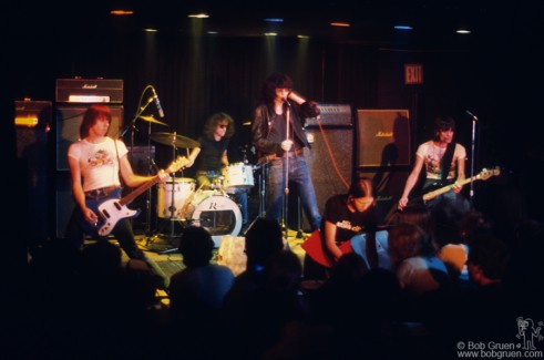 (L-R) Johnny Ramone, Tommy Ramone, Joey Ramone and Dee Dee Ramone of the Ramones on stage at Max's Kansas City, NYC. August 1976. Image #: C-159 © Bob Gruen Ramones, NYC - 1976