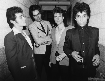 (L-R) Billy Rath, Walter Lure, Jerry Nolan and Johnny Thunders of The Heartbreakers backstage at Max's Kansas City, NYC. July 1976. Image #: R-499 © Bob Gruen Heartbreakers, NYC - 1976