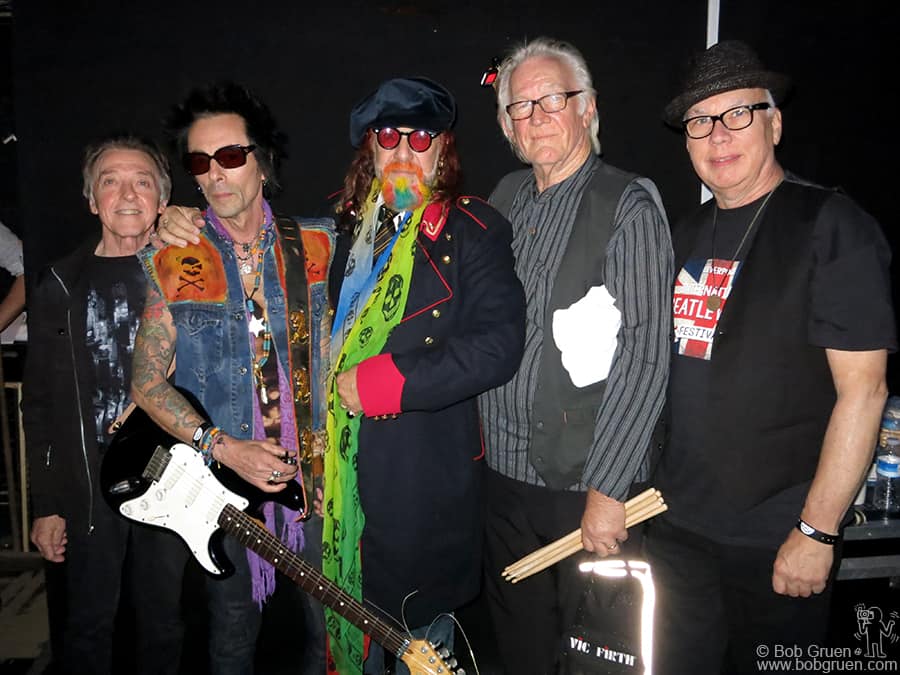 Aug 31 – Liverpool, England – The featured headlining band of the International Beatle Week festival was “The Boys Who Knew The Lads” who all had a connection with the Beatles. Backstage at the Royal Court Theatre are Joey Molland (Badfinger), Earl Slick (John Lennon), Mark Hudson (Ringo), Denny Seiwell (Wings) and Gary Van Scyoc (Elephant’s Memory Band).