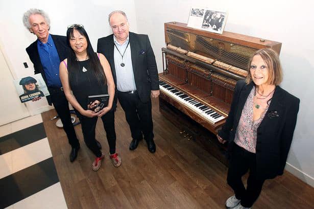 Aug 27 – Liverpool, England – I was in Liverpool for the opening of a permanent exhibition of my photos at the Beatles Story Museum. Also unveiled was a piano used by John Lennon that had just arrived from New York. Here at the press conference I’m with May Pang, Museum director Martin King, and John Lennon’s half sister Julia Baird.