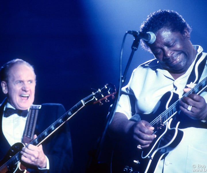 Les Paul and B.B. King, Brooklyn, NY. August 1988. <P>Image #: C-178  © Bob Gruen