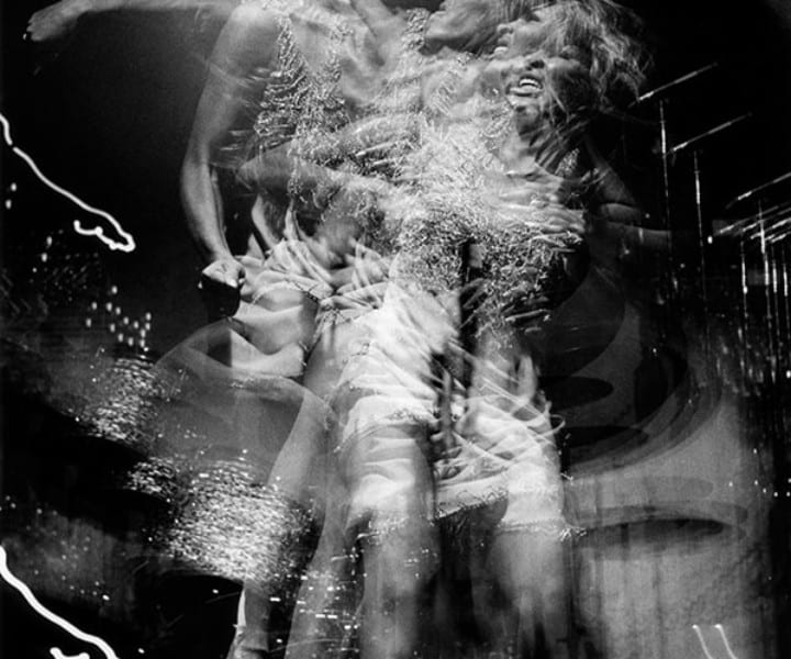 As the Ike and Tina Turner band was finishing their show at the Honka Monka club in Queens, NY, Tina was dancing offstage as a strobe light flashed. I set my camera for a one second exposure and captured this multiple image of Tina Turner in action.