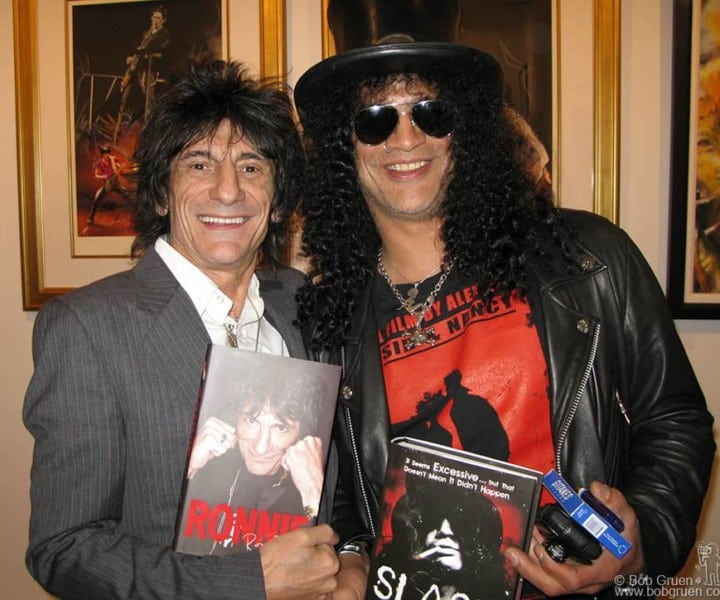 Nov 1 - NYC - New York - Ron Wood held an opening of his artwork and signed copies of his new book , and then Slash came by with his new book, and the rock and roll authors compared notes. 