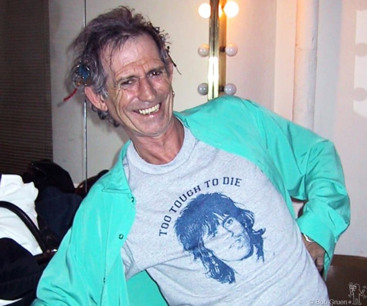 March 6 - NYC - Keith Richards wearing a T-shirt with his photo and the words "To tough to Die", and he looks proud of it!