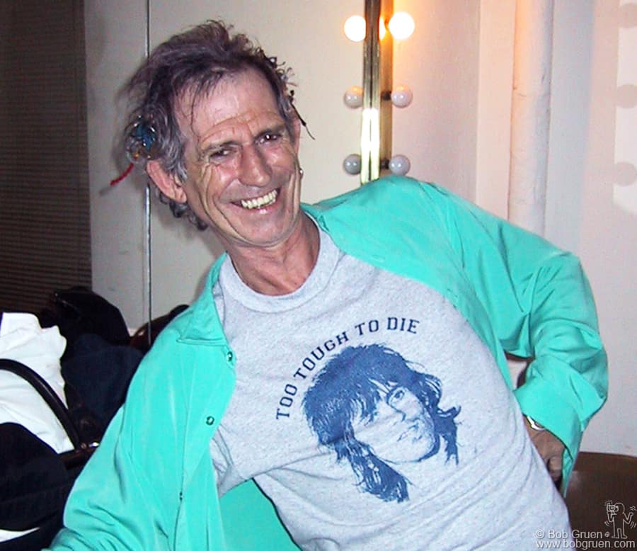 March 6 - NYC - Keith Richards wearing a T-shirt with his photo and the words "To tough to Die", and he looks proud of it!