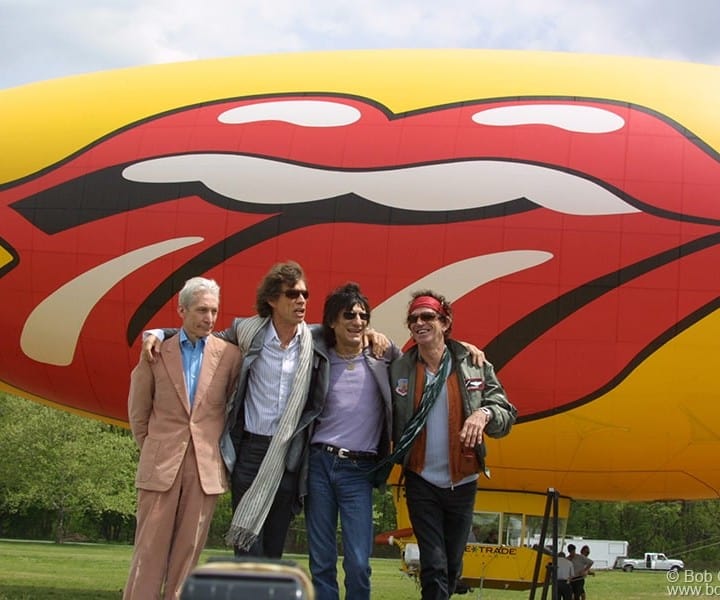 May 7 - NYC - The Rolling Stones landed in New York to announce a new world tour. Flying in on a blimp with the Stones logo painted on it, they said they were looking forward to playing three types of shows: in stadiums, arenas and clubs. They all looked in fine form, except Charlie, who looked a little airsick from the blimp ride.