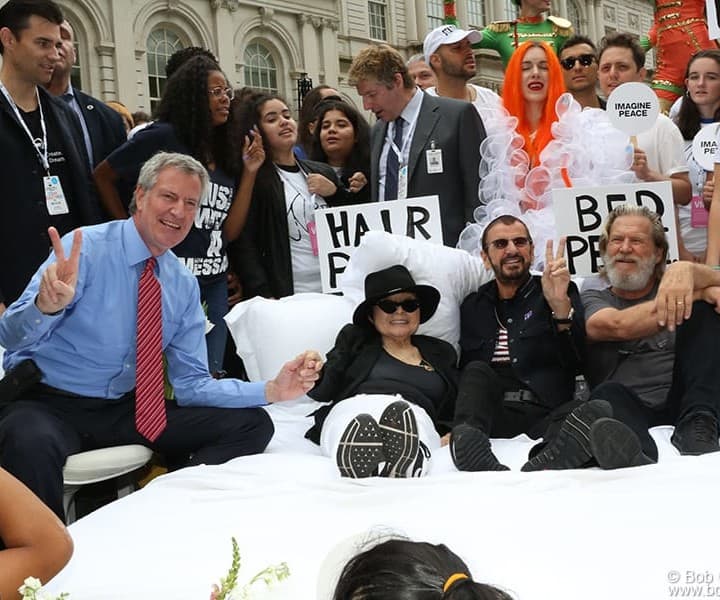 Sept 13 – NYC – Mayor Bill de Blasio, Yoko Ono, Ringo Starr and Jeff Bridges during the “Come Together NYC” event at City Hall, NYC to welcome the John Lennon Educational Bus.