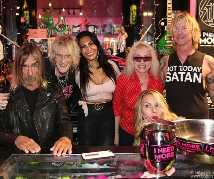 Feb 24 - NYC - (L-R) Iggy Pop, Jimmy Webb, Iggy's wife Nina Alu, Debbie Harry, Susan Holmes and her husband Duff McKagen of Guns ’N Roses, at Jimmy's store “I Need More”,  where Iggy and Debbie pressed their hands and feet into concrete squares on the floor of the store for Jimmy. Very sadly Jimmy passed away in April from cancer but this was a great last party. RIP Jimmy...