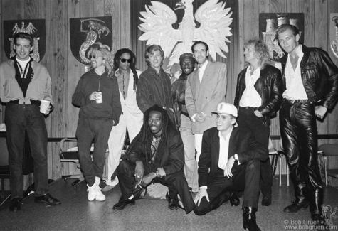 Greg Roberts, David Stewart, Leo Williams, Don Letts, David Bowie, Jimmy Cliff, Mick Jones, Dan Donovan, Peter Frampton and Paul Simonon, NYC - 1987