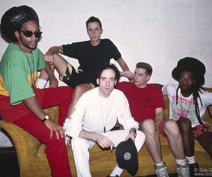 Don Letts, Greg Roberts, Mick Jones, Dan Donovan and Leo Williams, Philadelphia, PA. September 1989. <P>Image #: BigAudioDynamite989_1989_1 © Bob Gruen