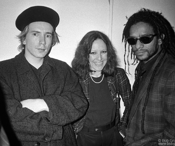 Johnny Rotten, Lisa Robinson and Don Letts, Kitchen, NYC. April 1982. <P>Image #: DonLetts482_1-10a_1982  © Bob Gruen