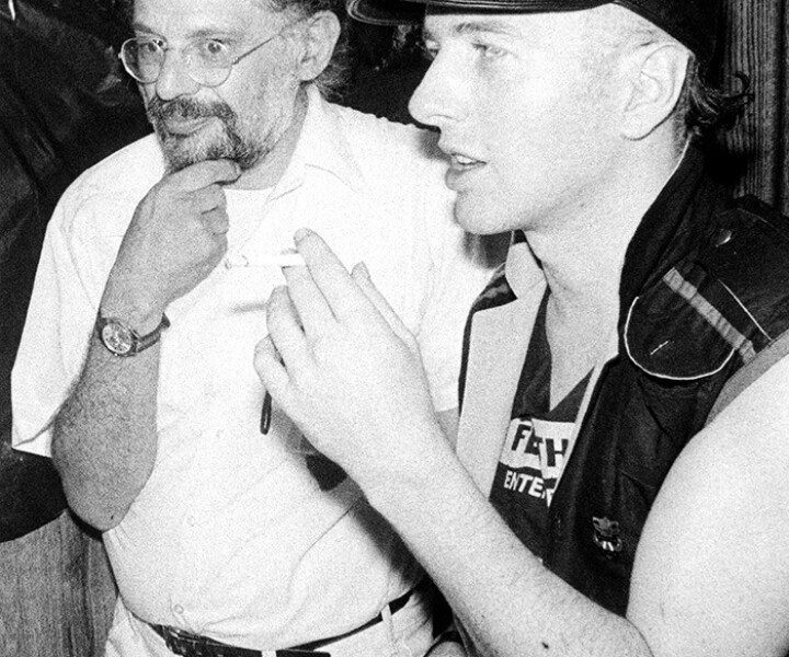 Allen Ginsberg and Joe Strummer, The Pier, NYC. August 31, 1982. <P>Image #: Clash982_1-21_1982 © Bob Gruen
