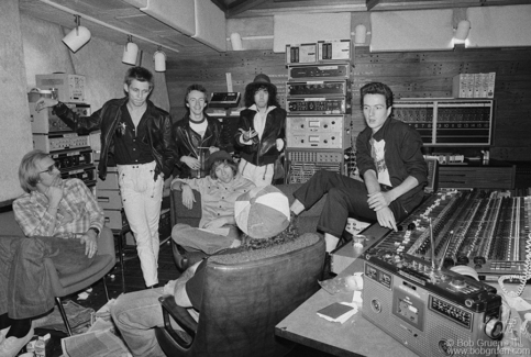 (L-R) Corky Stasiak, Paul Simonon and Topper Headon of the Clash, Sandy Pearlman, Mick Jones and Joe Strummer of the Clash at the Record Plant, NYC. September 1978. Image #: Clash978_3-26_1978 © Bob Gruen Corky Stasiak, Paul Simonon, Topper Headon, Sandy Pearlman, Mick Jones and Joe Strummer, NYC - 1978